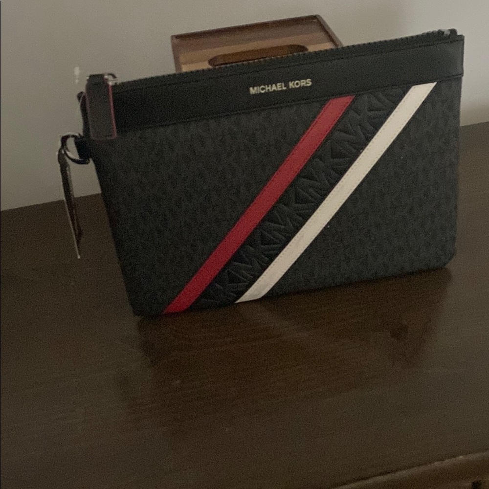 Michael Kors Black and Red Toiletry Bag with Sporty Stripes
